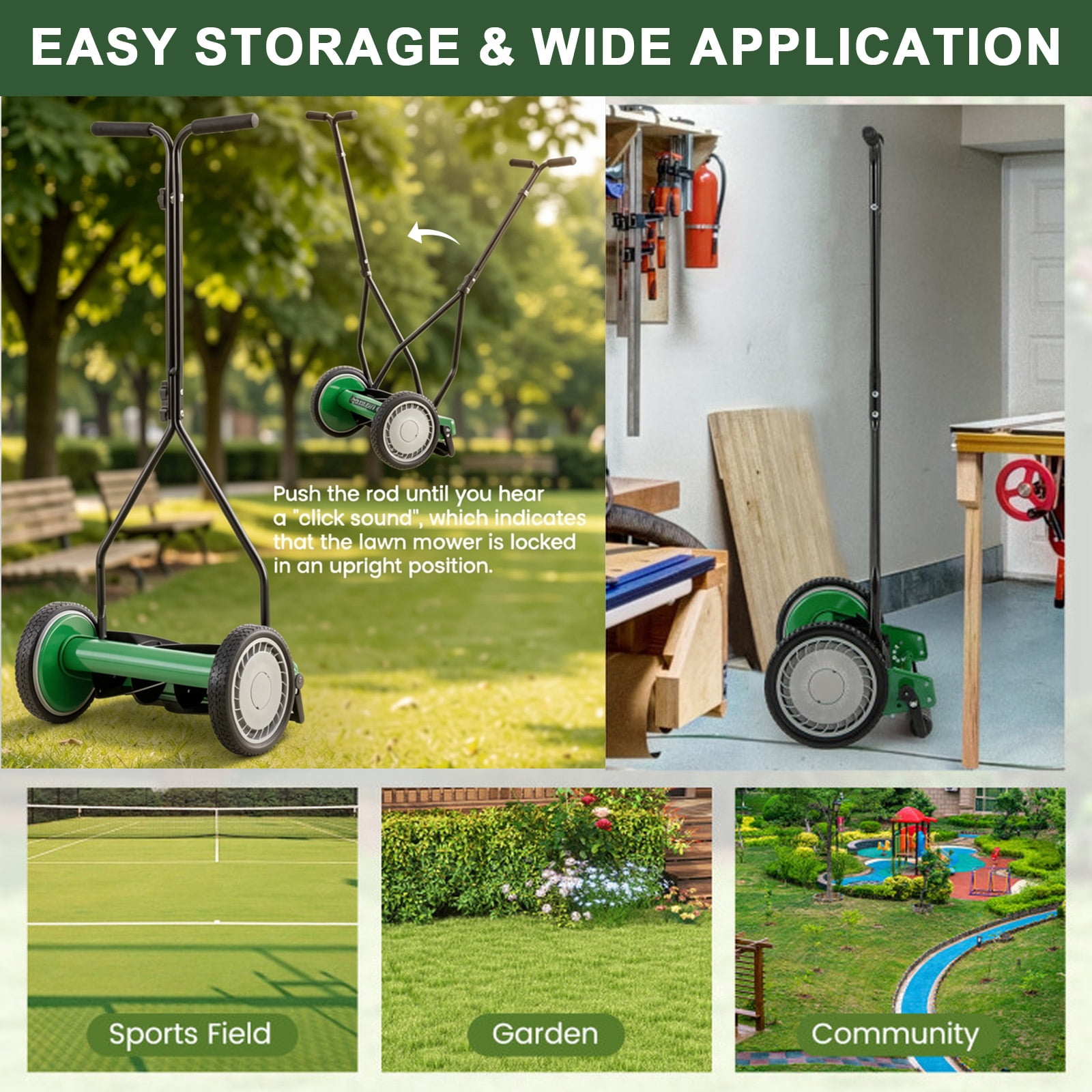 Biotree 14 Inch Push Lawn Mower with 5 Steel Blades and Grass Catcher Bag-Green Manual Reel Eco-Friendly