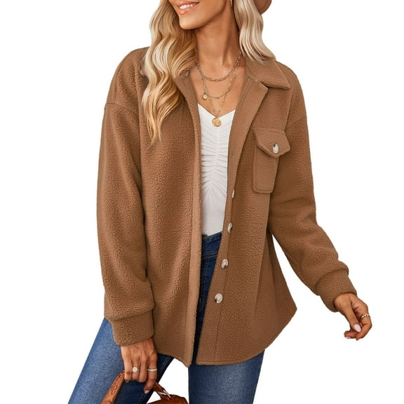 Sarapandan Women Lapel Jacket Pure Color Chest Pocket Button Closure Long Sleeves Machine Washable Casual Coat for Winter Autumn Khaki L