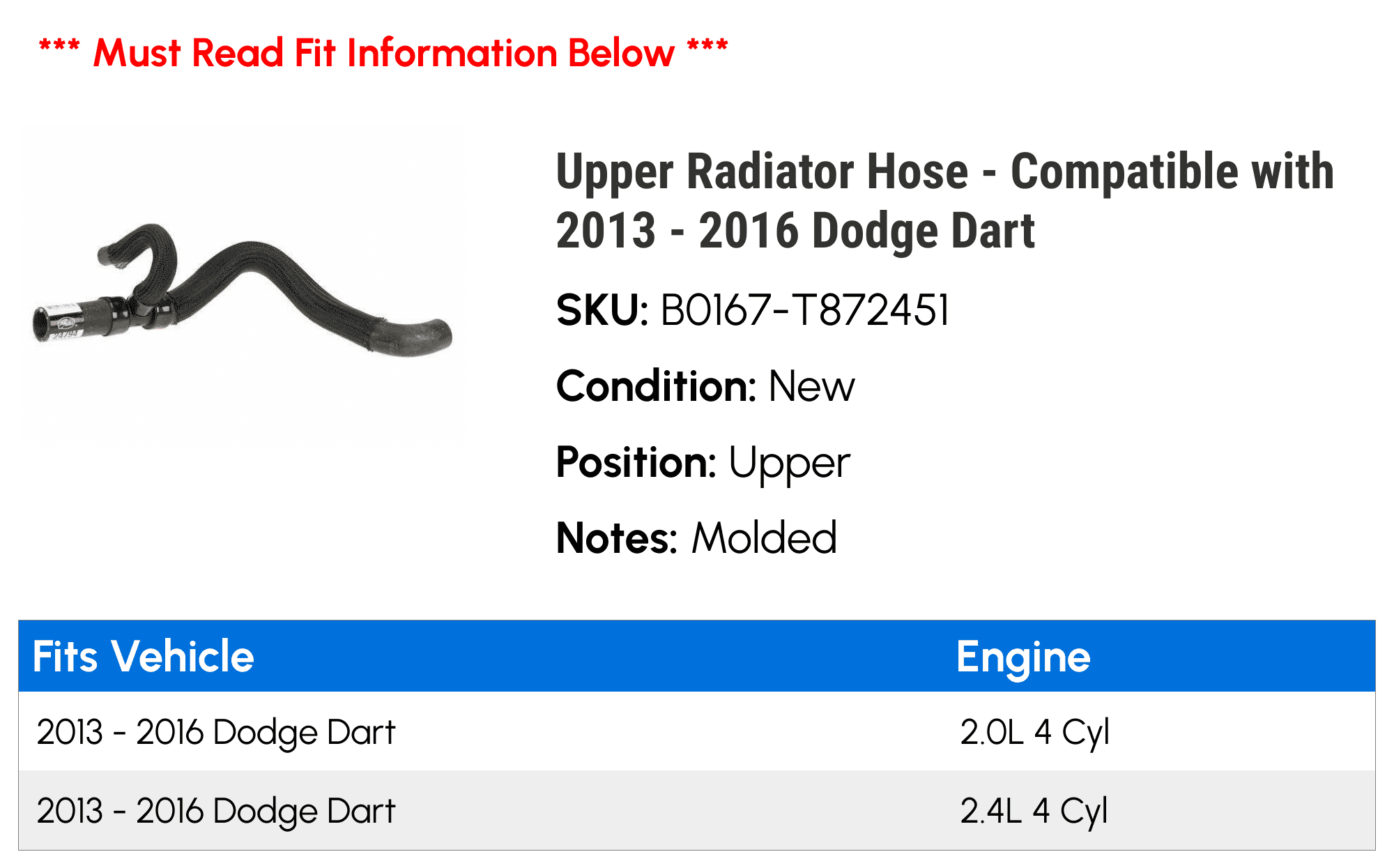 Upper Radiator Hose - Compatible with 2013 - 2016 Dodge Dart 2014 2015