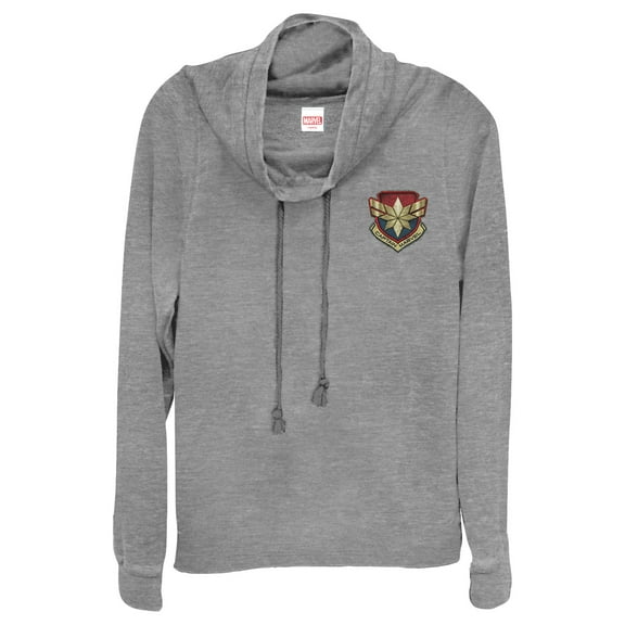 Junior's Marvel Captain Marvel Star Symbol Woven Print  Cowl Neck Sweatshirt Gray Heather Small