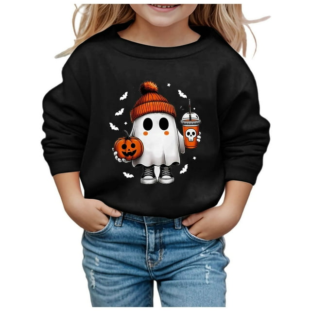 GDREDA Chandails à Capuchon Tendance pour Filles Chandails pour Enfants Stylés Mignons Imprimés Col Rond Manches Longues pour Usage Quotidien Noir, 4-5 Ans