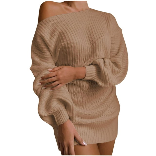 Robe Mini pour Femmes Pull Tricoté à une Épaule Pull-Over Surdimensionné Manches Longues Lanterne Robe Courte (L Blanc)