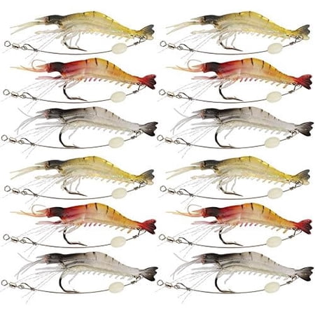 Zooblu Soft Shrimp Lures Fishing Saltwater Luminous Shrimp Bait Set Fishing Lures with Sharp Hooks for Freshwater Saltwater Trout Bass Salmon Crappie Walleye Pike Perch