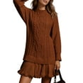 thumbnail image 2 of Women Cable Knit Sweater Dress Crewneck Long Sleeve Pleated Mini Dress Twofer Style Patchwork Dress Caramel Color S, 2 of 9