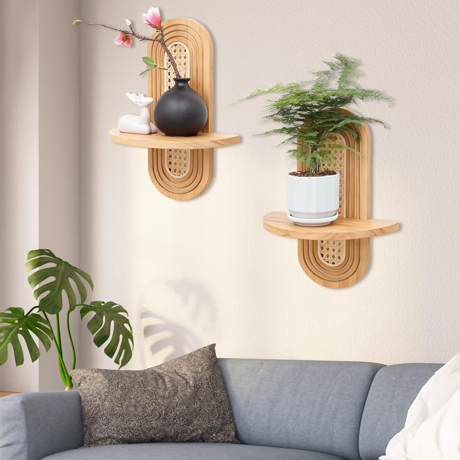 NOUGFVZP 1-Pack Floating Shelves for Wall, Boho Rattan Plant Shelf, Mid Century Small Decorative Shelf Wall-Mounted, Natural Wood Shelves for Living Room,Bedroom,Nursey Room (Matural)