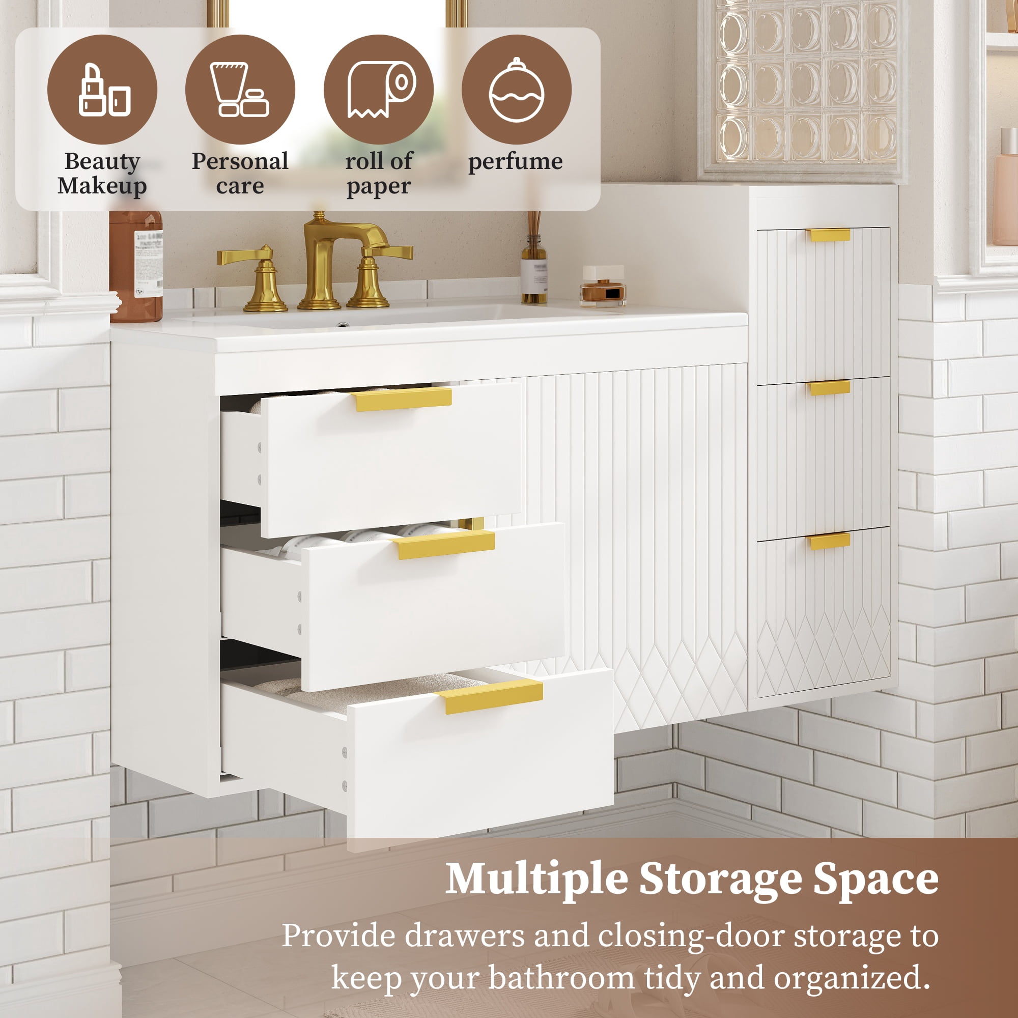 Euroco 30" Wall Mounted Bathroom Cabinet with Ceramic Basin Sink, Bathroom Cabinet with Soft-Closing Door and Drawers, Modern Bathroom Vanity with Sink