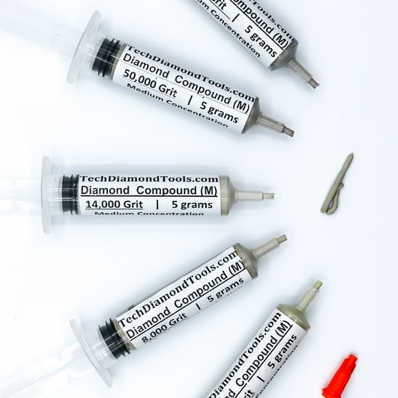 TechDiamondTools Diamond Polish Paste Set of 5 Syringes X 5 Grams (M), Polish Finishing Compound, Sizes 5000 8000 14000 50000 100000 Grit Mesh - With Medium(25%) Concentration of Diamond Powders