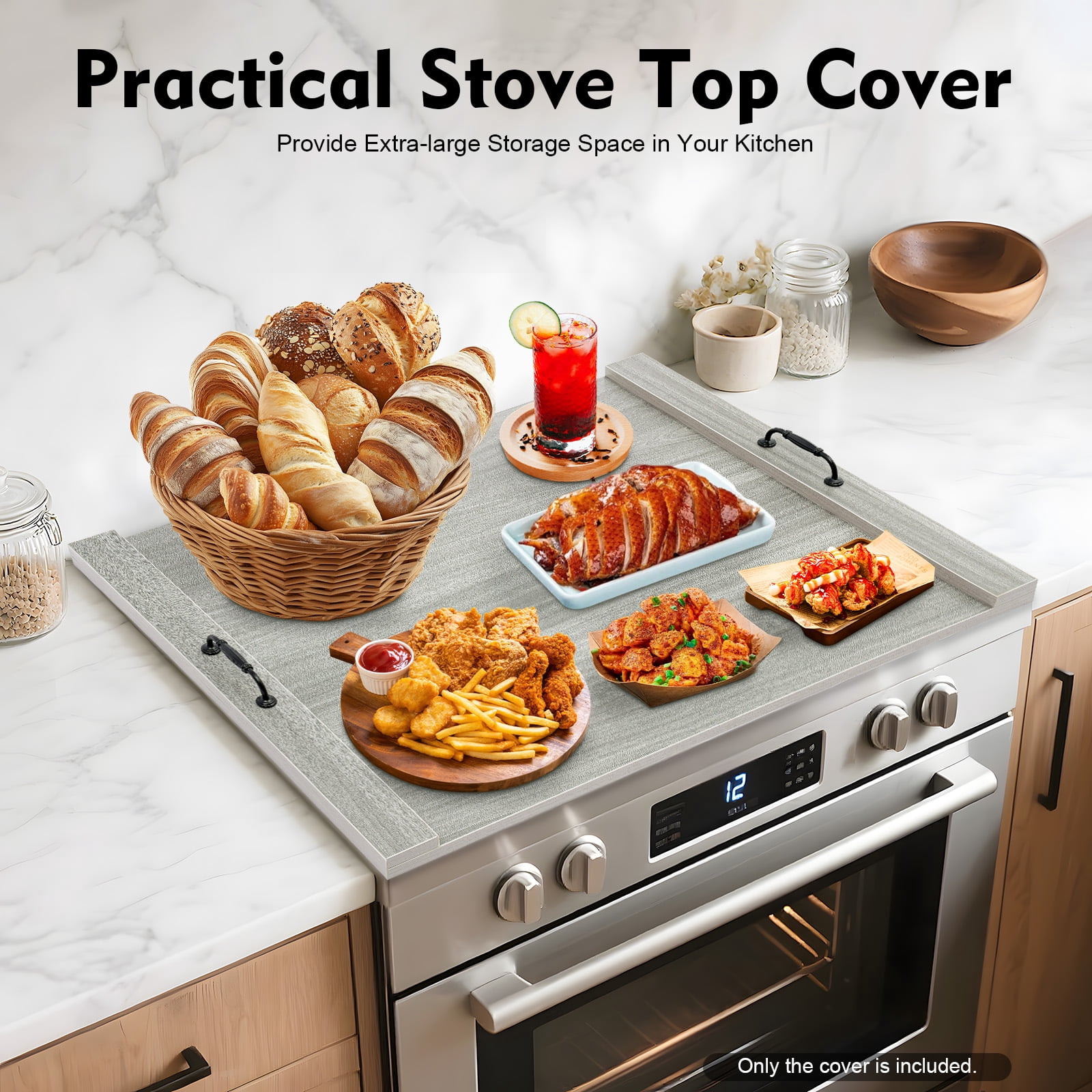 Stove Top Cover for Gas & Electric Stoves, 30"x22" Wood Noodle Board with Handles, Grey Melamine Countertop Extender for Kitchen Sink, RV, Apartment, Cutting Board Serving Tray
