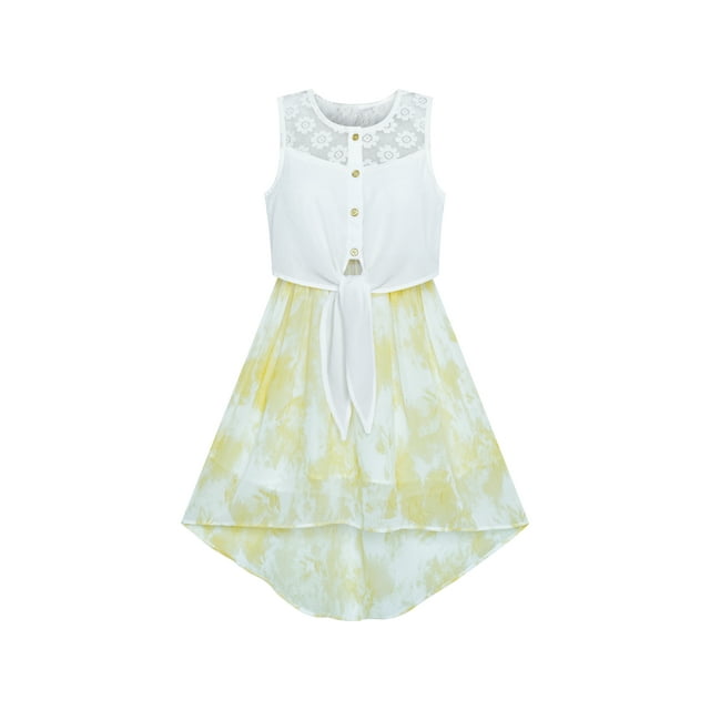 Robe Fille Chiffon Jaune Asymétrique Ceinture Taille Fête 7 Ans