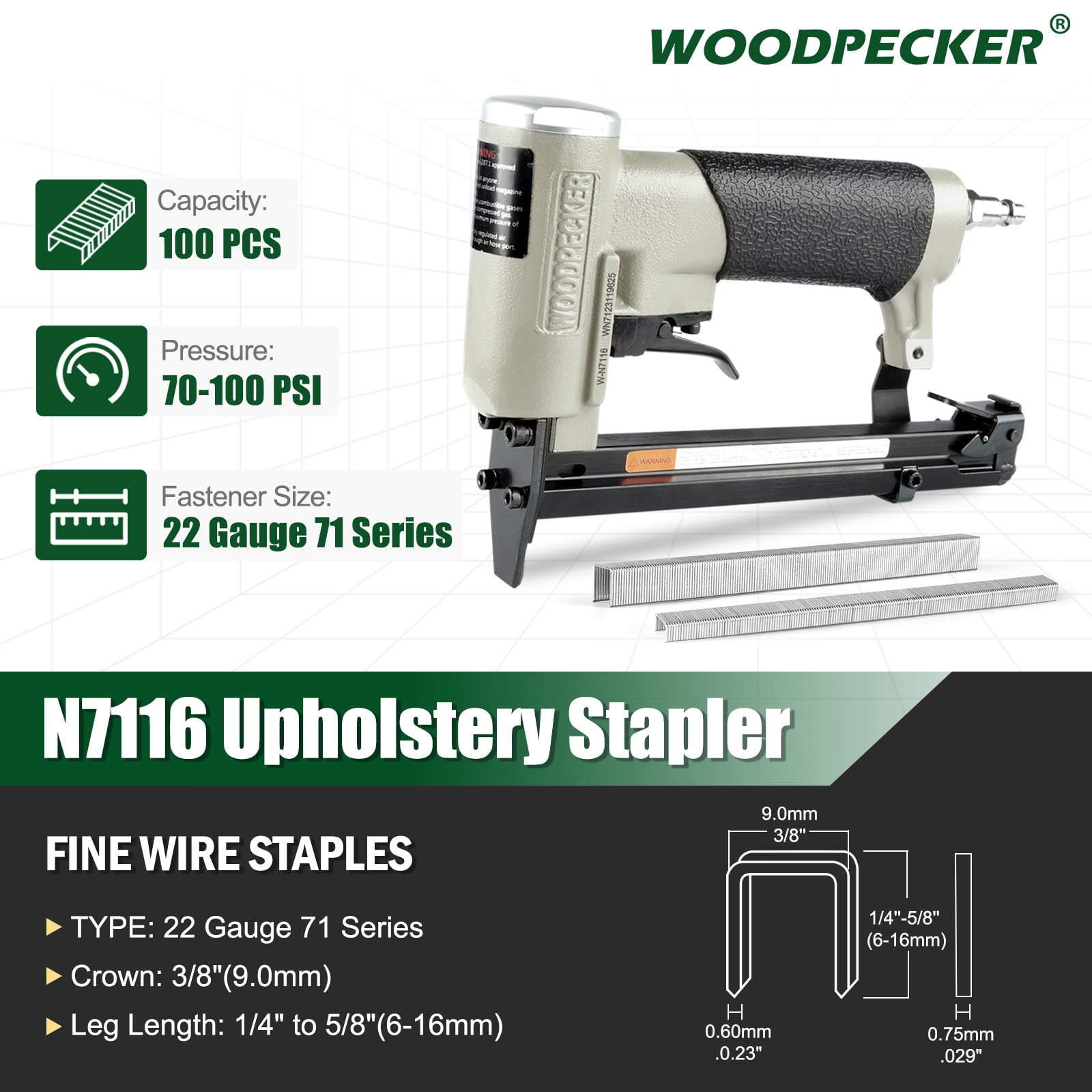 Kamsin N7116 22 Gauge Pneumatic Upholstery Stapler Nail Gun, 3/16 Inch to 5/8 Inch Leg Length