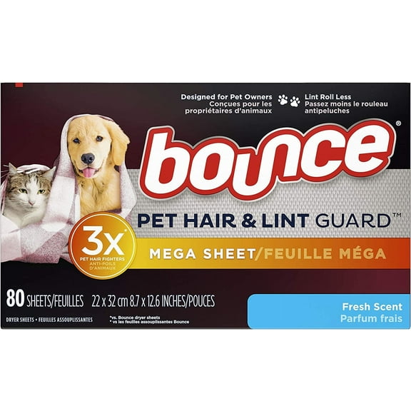 Bounce Pet Hair and Lint Guard Mega Dryer Sheets, Fresh Scent, 80 ct