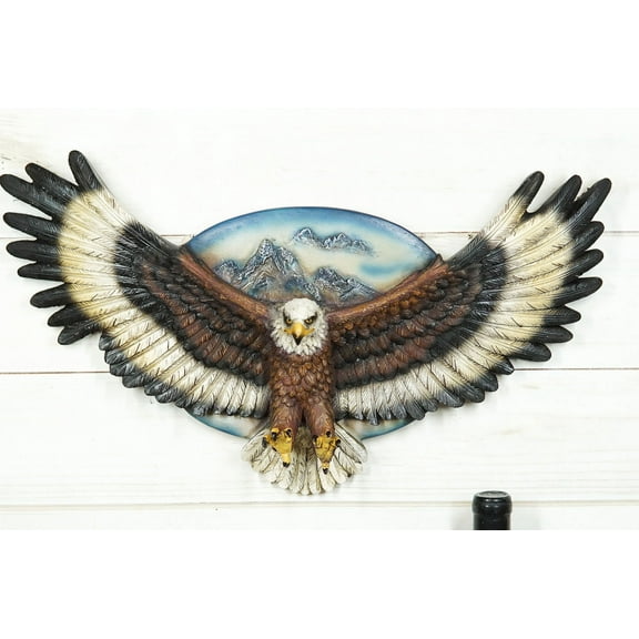 King Of The Skies Bald Eagle Open Wings With Mountain Scene Wall Decor Plaque