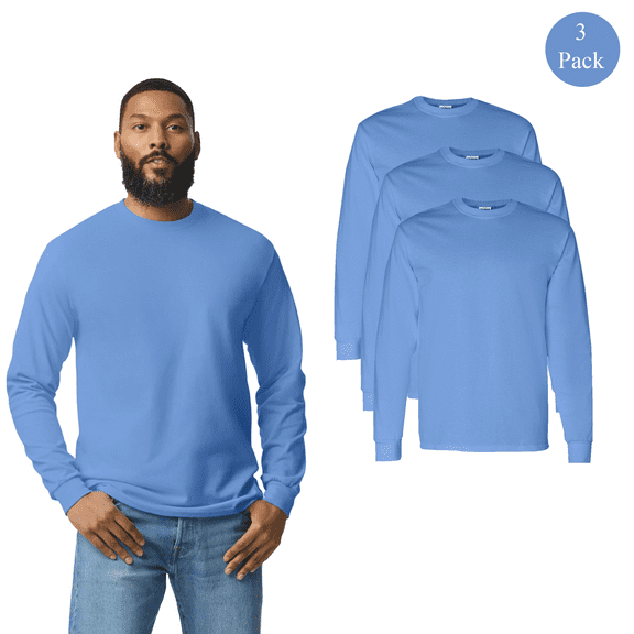 Gildan Men's Heavy Cotton Long Sleeve T-Shirt, Durable Crew Neck Carolina Blue Bulk Tee, S, 3 Pack
