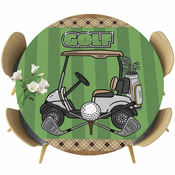 Golf Club Car Round Tablecloth 36-44 Inch Round Fitted Table Cloth with Elastic Edge, Green Grassland Wooden Grain Plaid Pattern Waterproof Table Cover Protector for Outdoor Picnic Party Dining