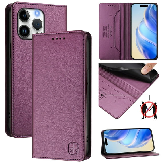 Wallet Case for iPhone 15 Pro, Magnetic Closure PU Leather Flip Phone Case for Men Women with RFID Blocking Card Holder Kickstand, Shockproof Protection Cover for iPhone 15 Pro, Darkpurple