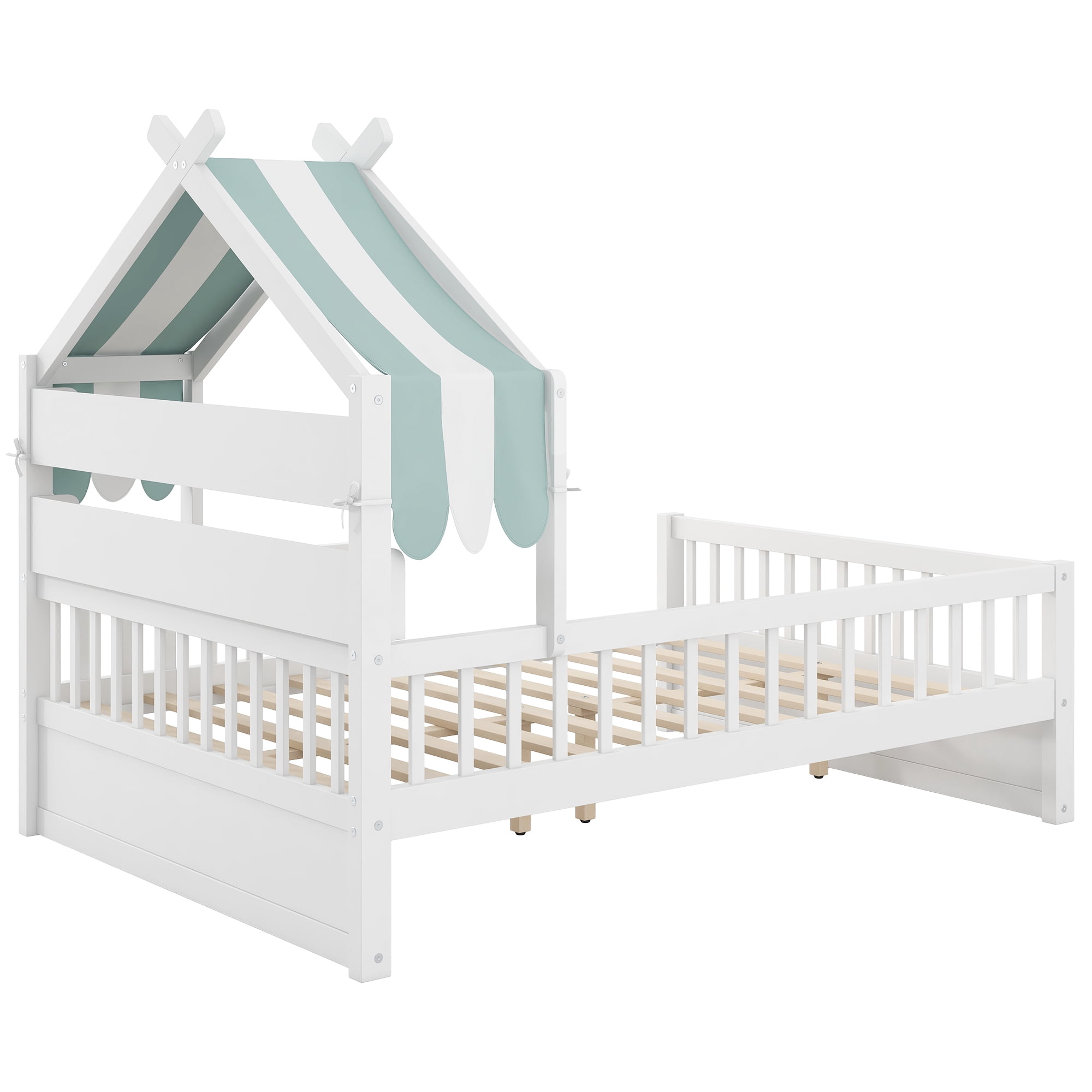 Euroco Wood Full Size Platform Bed with Storage Headboard and Canopy, White