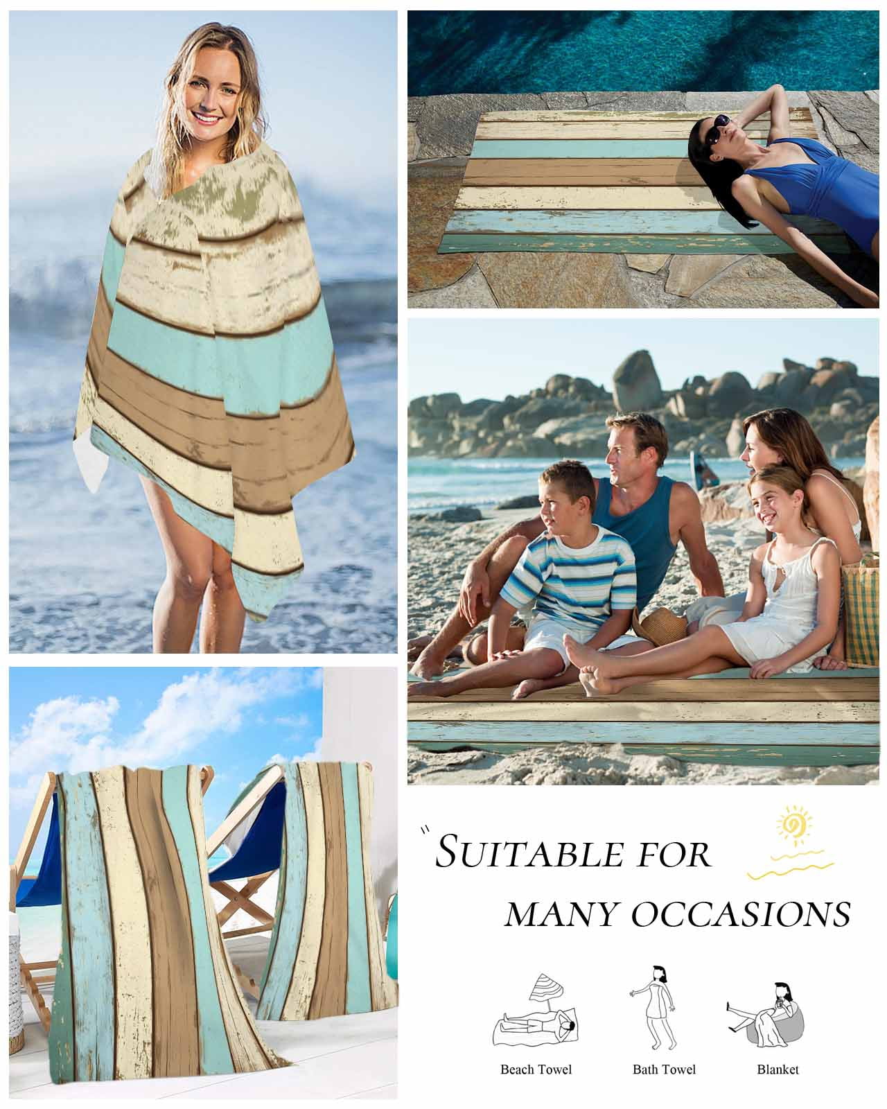 Farmhouse Teal Brown Beach Towels Oversized Super Absorbent, Ombre Wooden Vintage Lightweight Bath Towel Quick Dry Sets For Bathroom/Pool/Rv Camping/Beach Play/Gym Room/Picnic 30"x60"