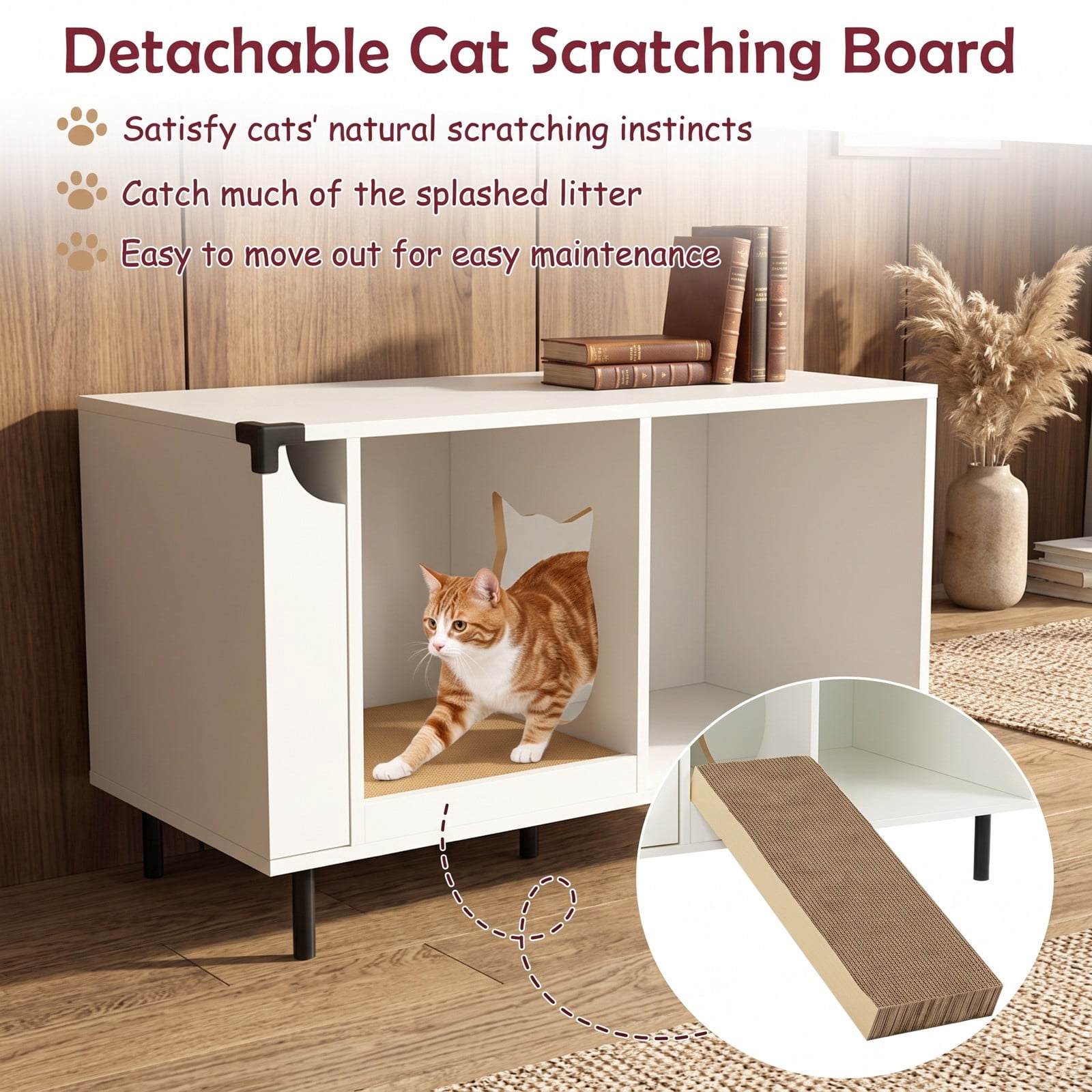 ALPULON 40 Inch Cat Litter Box Enclosure for 2 Cats, Hidden Cat Washroom Furniture with Scratching Board, Side Table Litter Box Cabinet with Countertop and, White