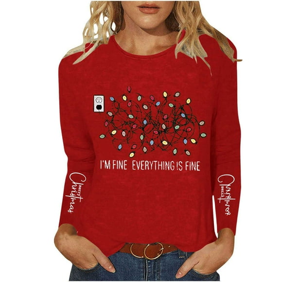 Ailaofu Christmas Tree Crew Neck Shirt for Women Funny Xmas Graphic Tee Winter Holiday Family Party Matching Tops