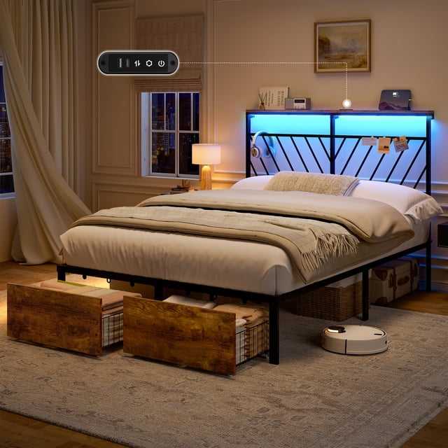 GUNAITO Full Bed Frame with 48.8 " High Storage Headboard and 2 Drawers, Metal Platform Bed with LED & Charging Station, Rustic Brown