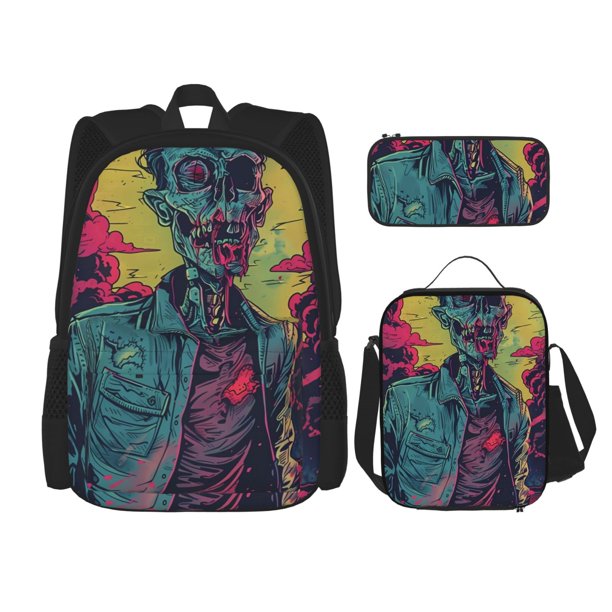 Balery Neon Zombie Skull Mochila escolar 3 en 1 para niños: mochila resistente con lonchera térmica y estuche para lápices. Mochila escolar para niños y niñas.
