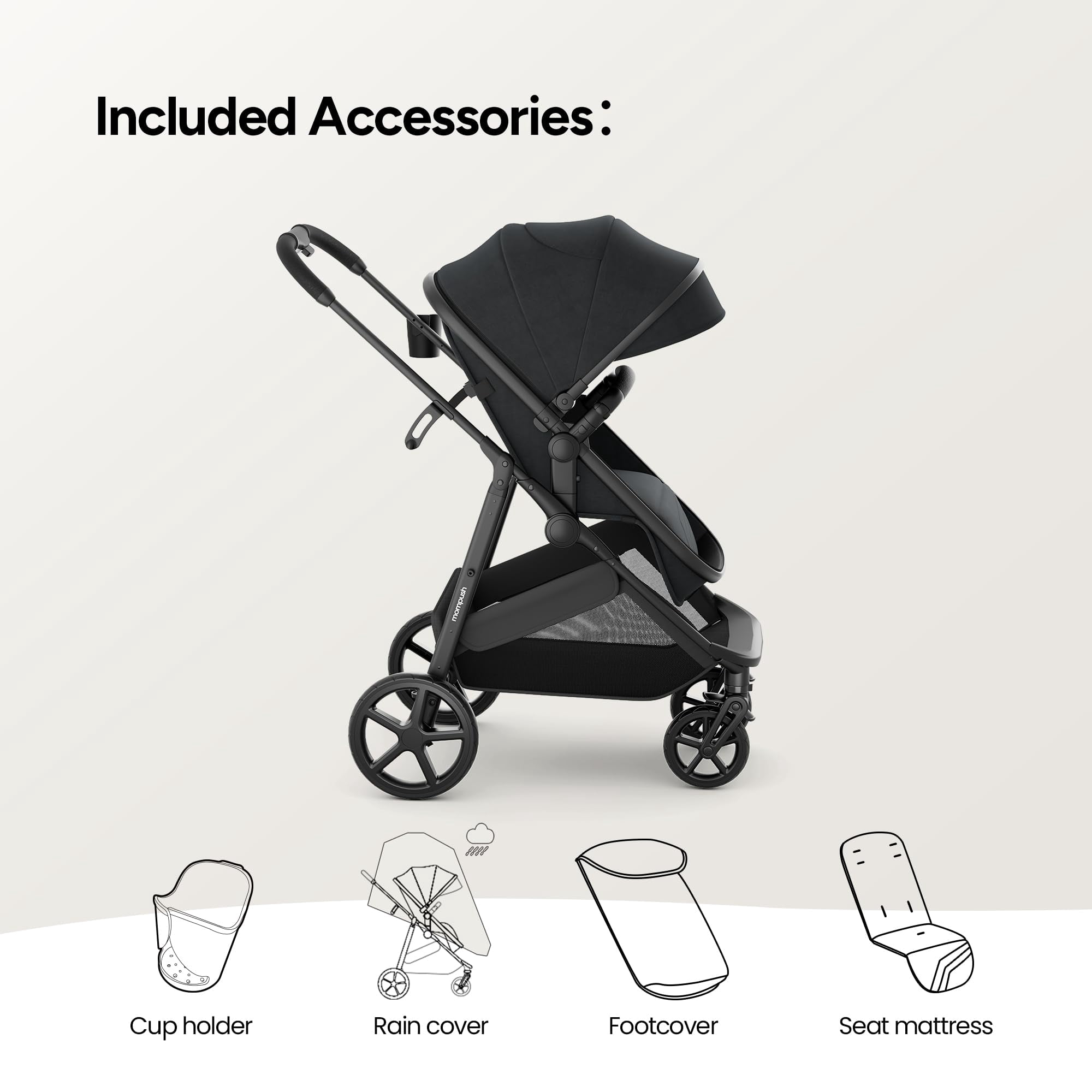 Mompush Wiz 2-in-1 Baby Stroller with Bassinet Mode, Reversible Seat and Large Canopy, Black, 22.3LB, Unisex