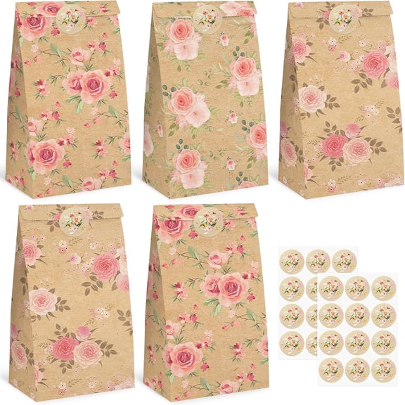 Party Favor Bags, Small Gift Bags with Stickers Floral Party Favor Treat for Birthday Baby Shower Wedding Gift Packaging Supplies