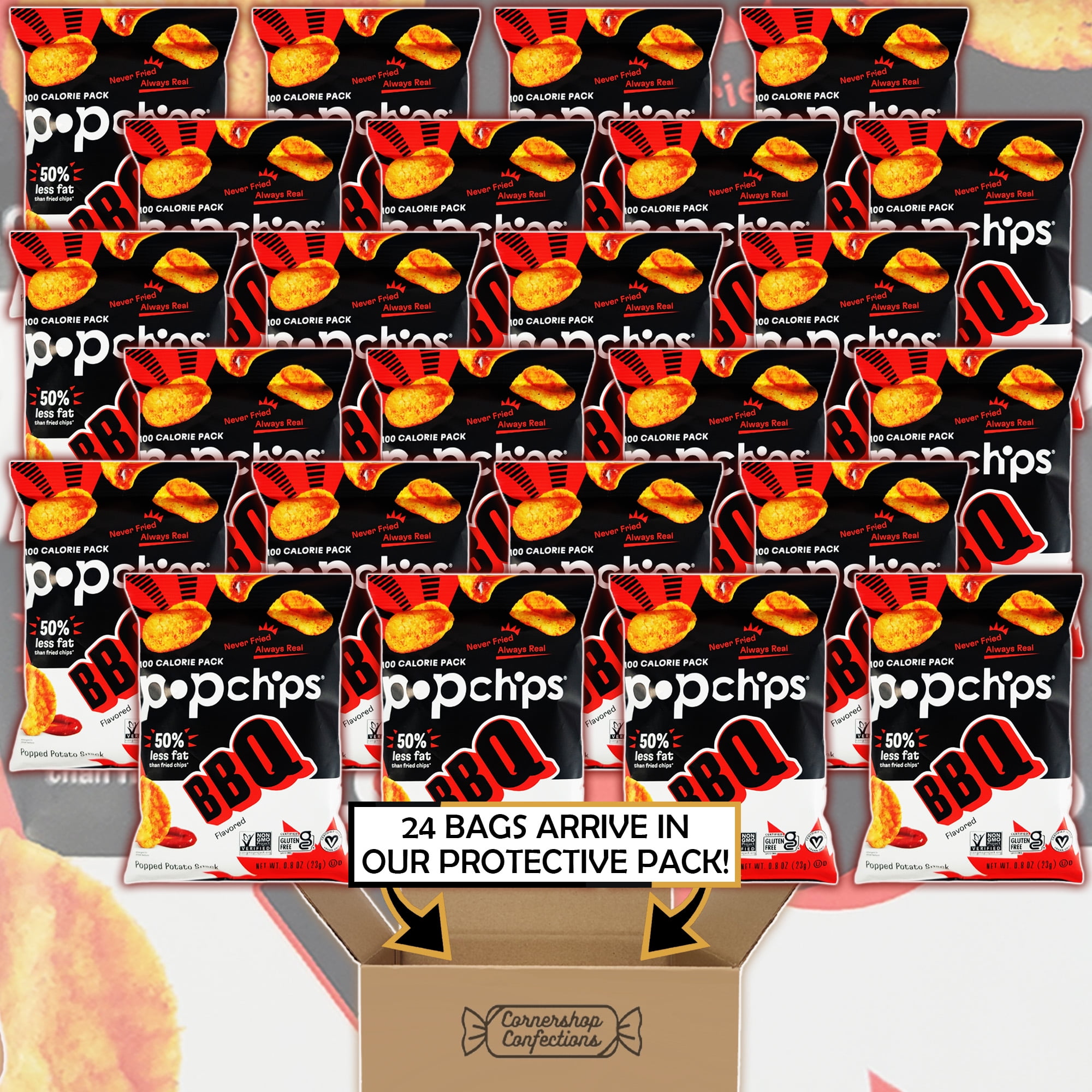 Popchips Barbecue Bulk Pack - 24 Individually Sealed 0.8 Ounce Bags - Popped Potato Snack - Never Fried, Always Real - For Lunches, Quick Snacks, Movie Nights in Cornershop Confections Pack