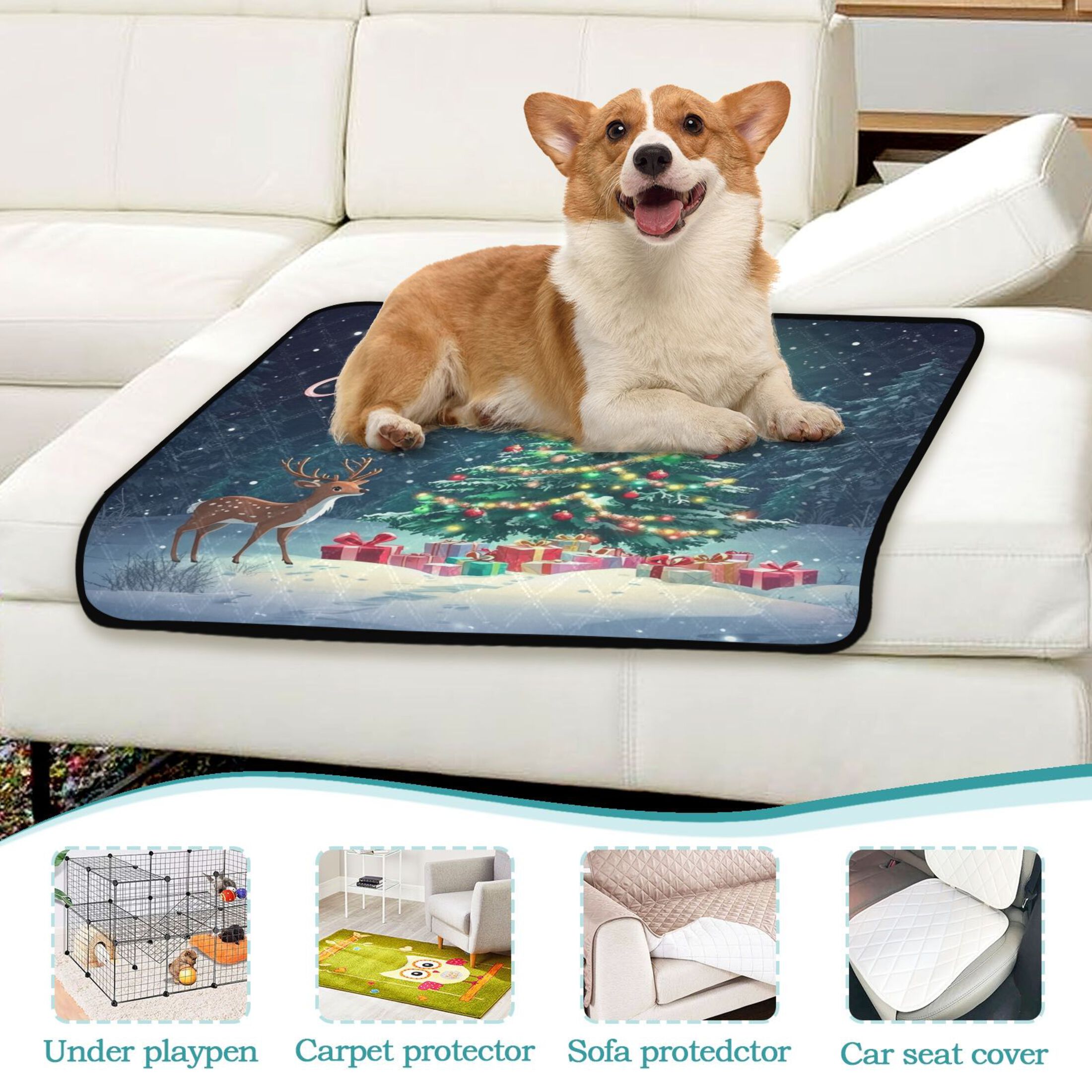 Washable Pet Pee Pads with Super Absorbent Reusable Training Pads for Dogs & Cats Christmas Rree Decorated with Colored Lights
