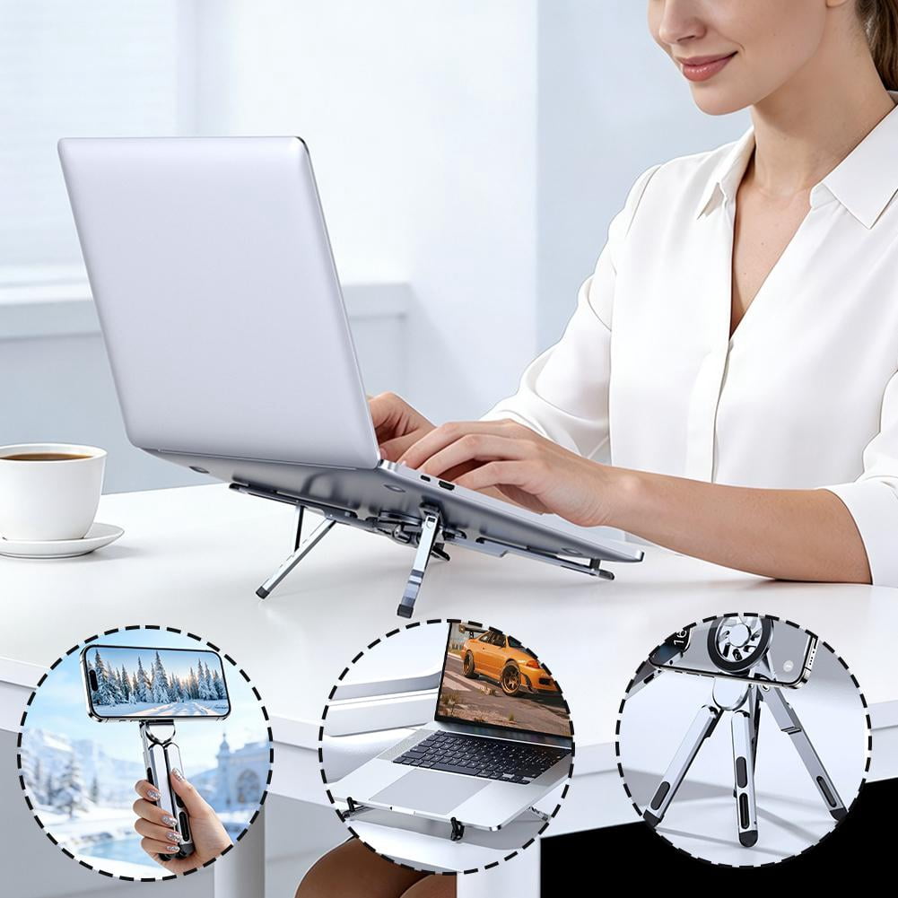 Aluminum Foldable Laptop Stand for Desk & Travel, Magnetic Grip Multi-Angle Support for Phones 4.7-16", Tablets, iPad, 3-in-1 Portable Computer Riser