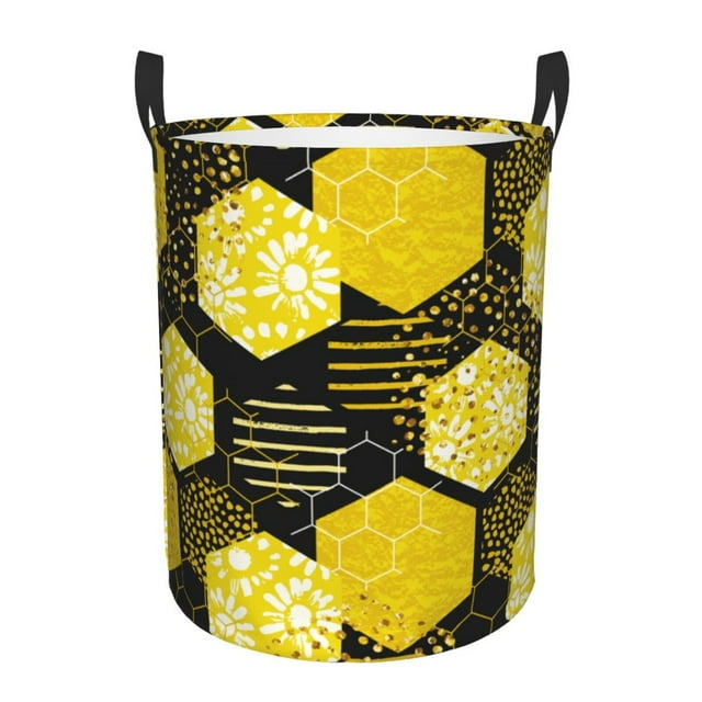 Balery Geometric Pattern with Bee Cesta de ropa redonda con asas, impermeable, independiente, para ropa, juguetes, dormitorio y familia-Small