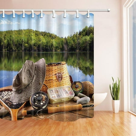 Artjia Fishing Fishing Hooks Rods On Wooden By The Lake 75inch