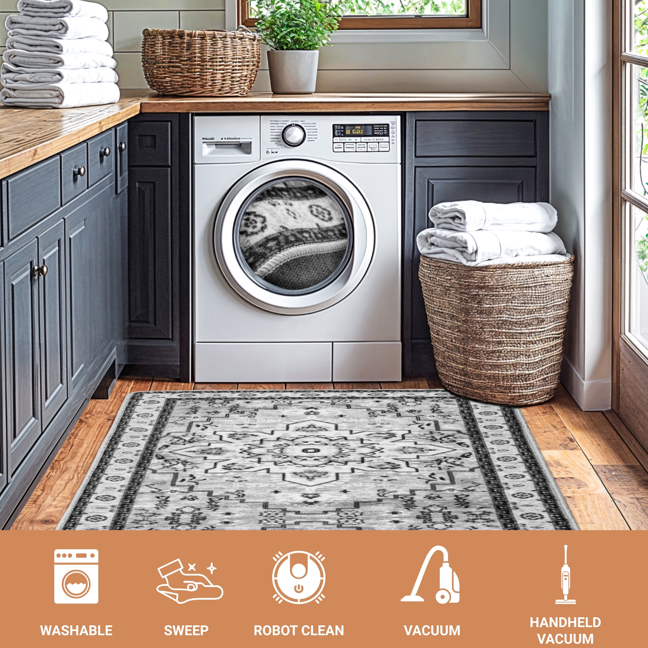 Sonoro Kate 2x6 Area Rugs for Living Room Bedroom, Non Slip Boho Machine Washable Indoor Floor Carpet, Gray