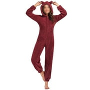 Aunavey Women One Piece Fleece Pajamas Jumpsuit Cartoon Bear Hooded Fuzzy Warm Sherpa Romper Sleepwear