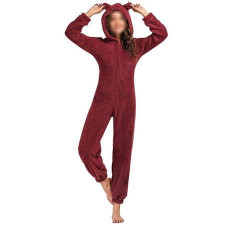 Aunavey Women One Piece Fleece Pajamas Jumpsuit Cartoon Bear Hooded Fuzzy Warm Sherpa Romper Sleepwear