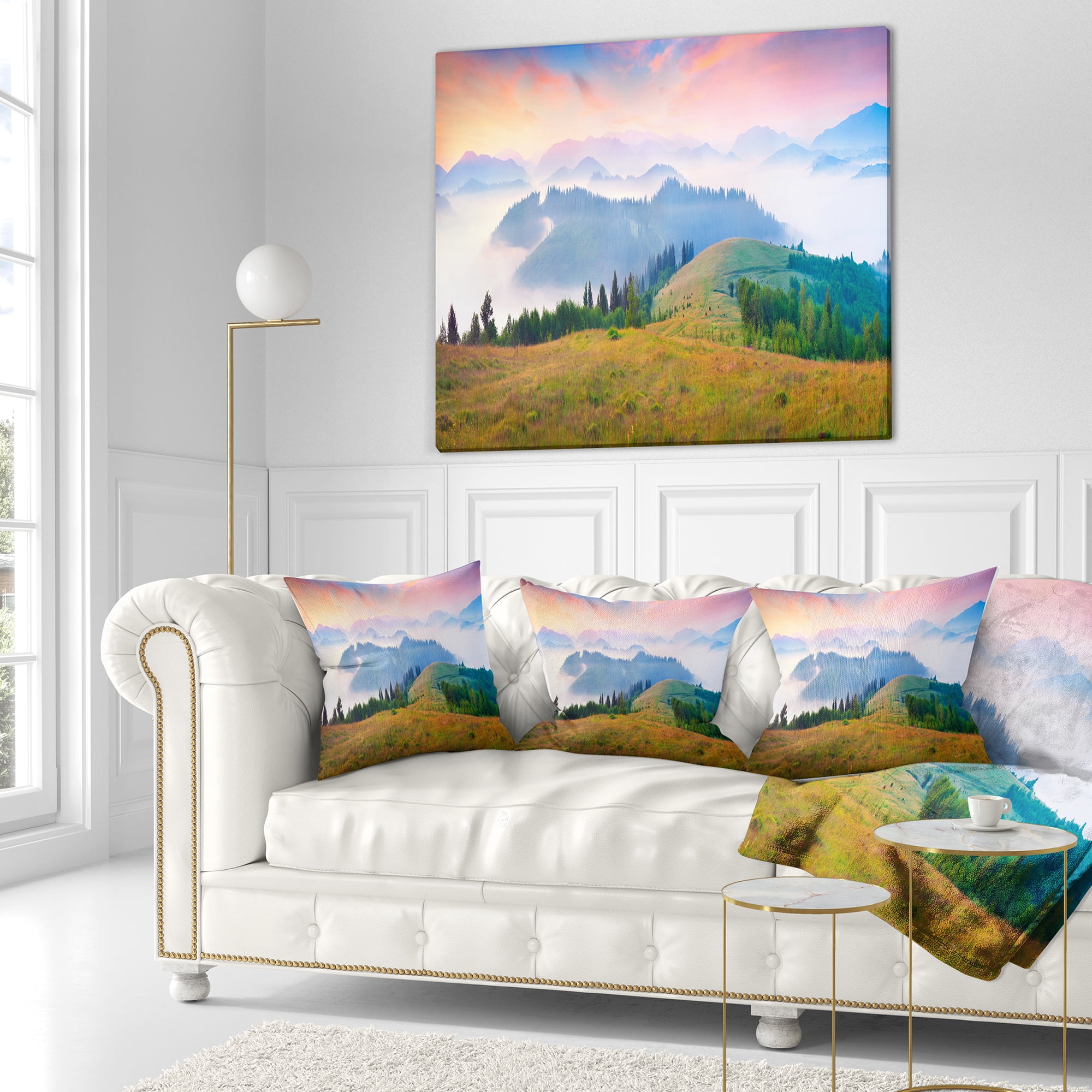 Designart Foggy Carpathian Panorama - Landscape Photo Throw Pillow - 18x18