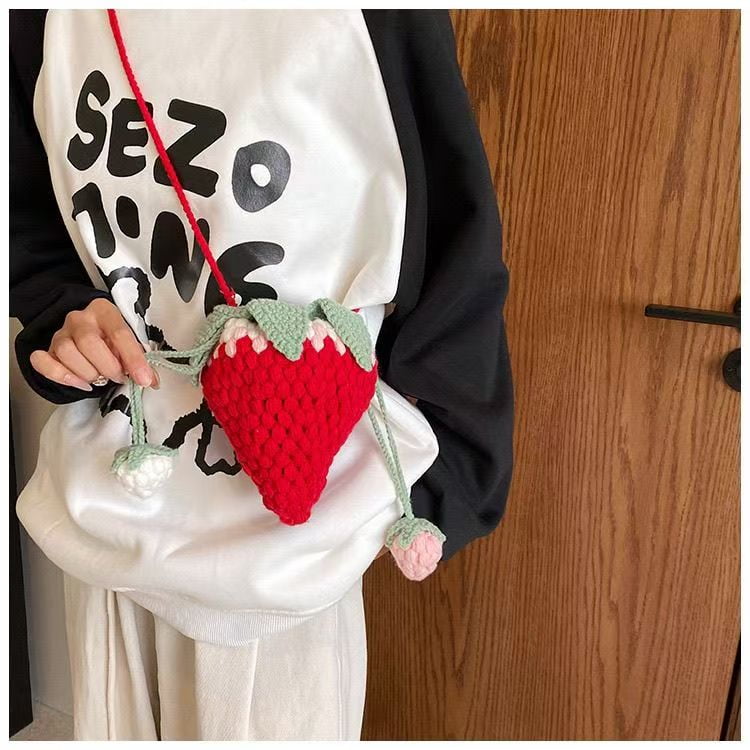 Handmade Strawberry Crochet Drawstring Bag