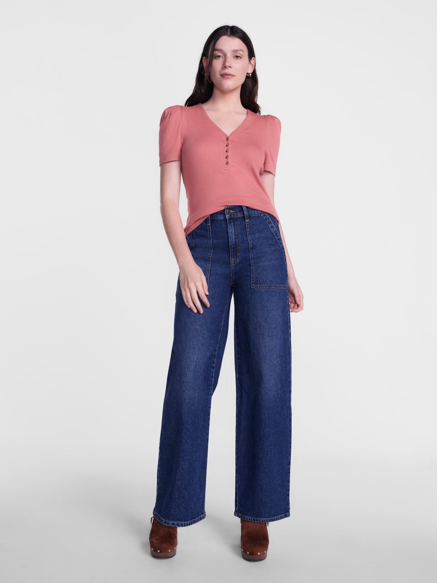 Scenario Women's V-Neck Henley Top with Short Puff Sleeves, Sizes XS-XXXL