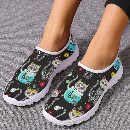 Fashion Art Cartoon Cat Design Brand Loafers Soft Flat Slip On Ladies Animal Print Summer Breathable Mesh Shoes