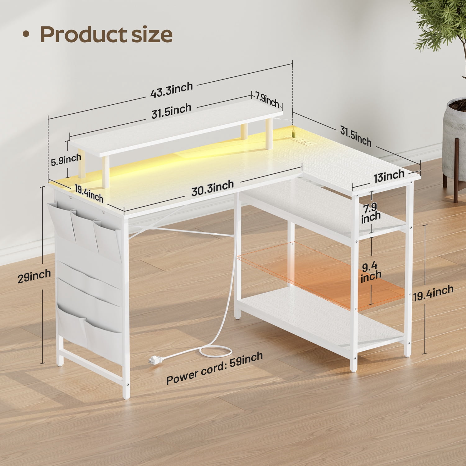 HLDIRECT 43 Inch L Shaped Computer Desk with Power Outlet, Gaming Corner Desk with LED Lights, Home Office Table with Storage Shelves & Monitor Stand, White