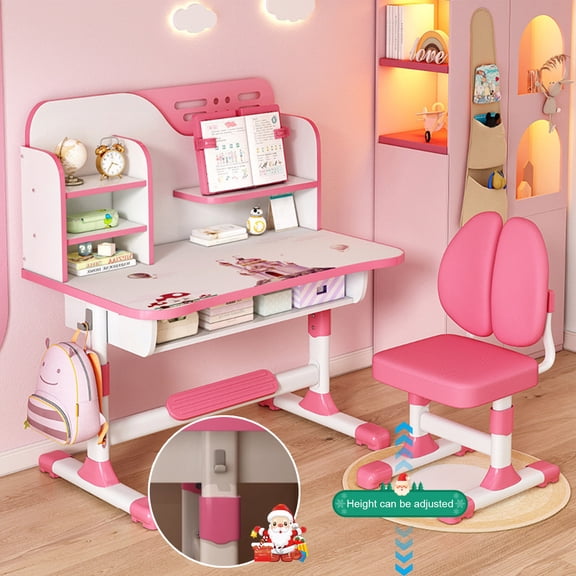 Yifeus Kids Study Desk and Chair Set, Children School Study Drawing Desk Chair Height Adjustable Kids Table Desk and Chair Set with Large Writing Board, Bookshelf and Drawer,Pink