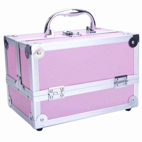 Makeup Train Case with Mirror, Portable Lockable Cosmetic Organizer Box with Accordion Trays & Large Bottom Compartment, Pink Travel Makeup Storage Case for Artist, Nail Tech, Jewelry & Beauty Tool