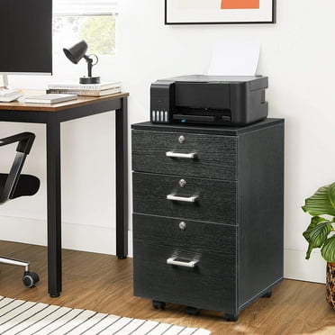 3-Drawer Wood Filing Cabinet with Wood Grain Finish, Dense Board Storage Organizer for Home Office Study Room, Black Compact File Cabinet
