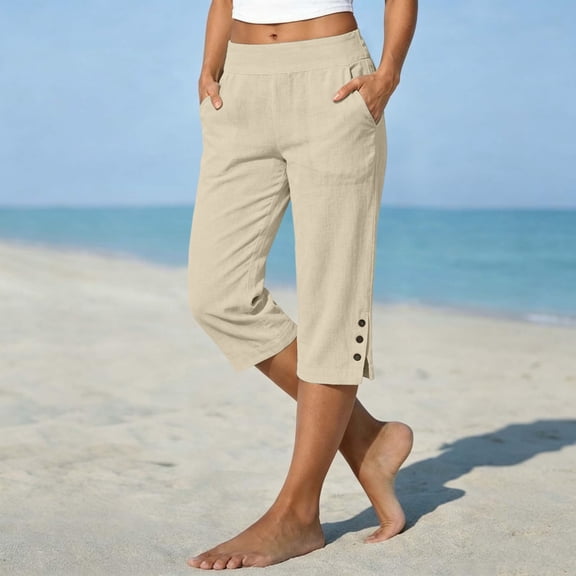 Cotton Linen Capri Pants for Women Petite Tailored Split Button Elastic Waist Capris Light Weight Summer Casual