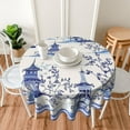 thumbnail image 2 of Blue Chinoiserie Temple Tablecloth Round Oriental Style Chinese Blue Willow Table Cloth Cover Mat Washable Polyester 60 inch Dining Decorative for Holiday Home Party Wedding Picnic, 2 of 6