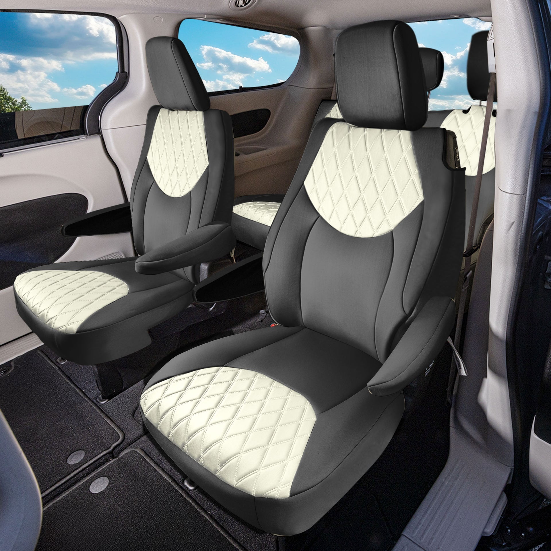 For Chrylsler Pacifica 2017-2025 FH Group Custom Fit Car Seat Covers [2nd Row - Non-Hybrid Smaller Button] Beige/Black