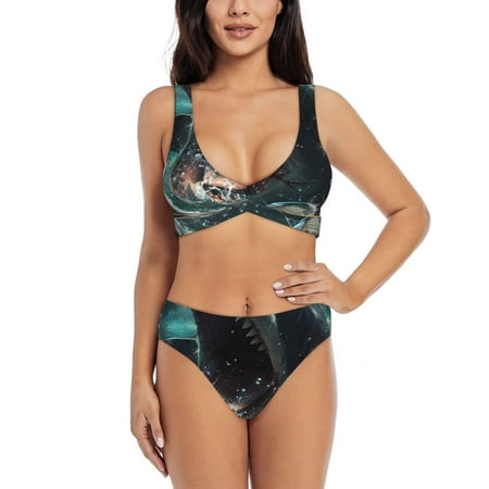 Zeuib Wave Ocean Animal Shark High Waisted Tummy Control Bikini Set - Knot Front Push Up Top & Cheeky Thong Bottom  Two-Piece Swimsuit for Women-XX-Large