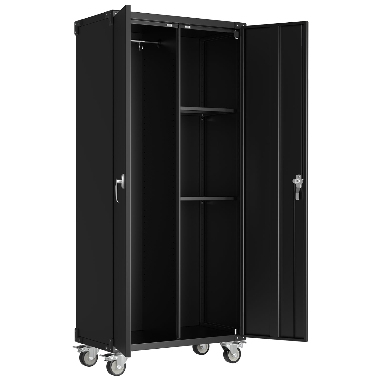 MCQ Metal Broom Storage Cabinet with Lock, Rolling Cleaning Tool Organizer for Mop, Dustpan, Garage, Laundry Room, 4 Lockable Casters, Easy Assembly