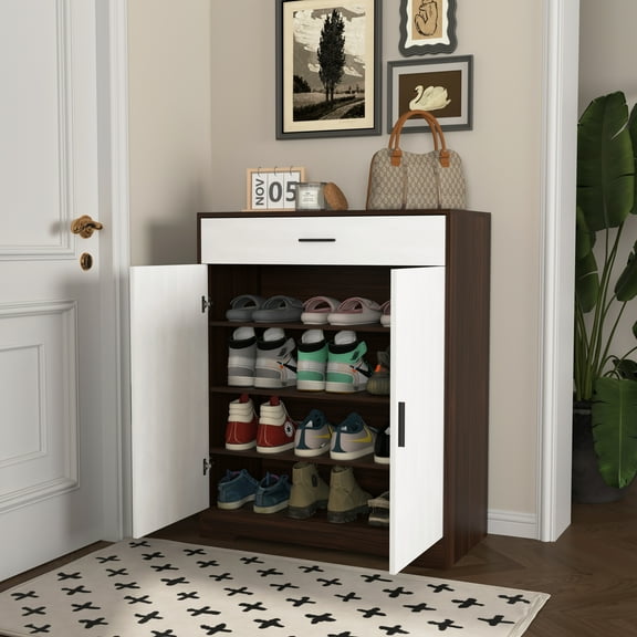MAYEERTY Shoe Cabinet, 4-Tier Shoe Rack Organizer with 1 Drawer, Wooden Storage with Adjustable Shelves, Walnut