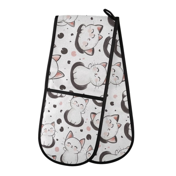 35" x7" Double Oven Mitt Heat Resistant Oven Gloves Withstands Up to 200°C for Kitchen Baking & BBQ Cartoon Cat